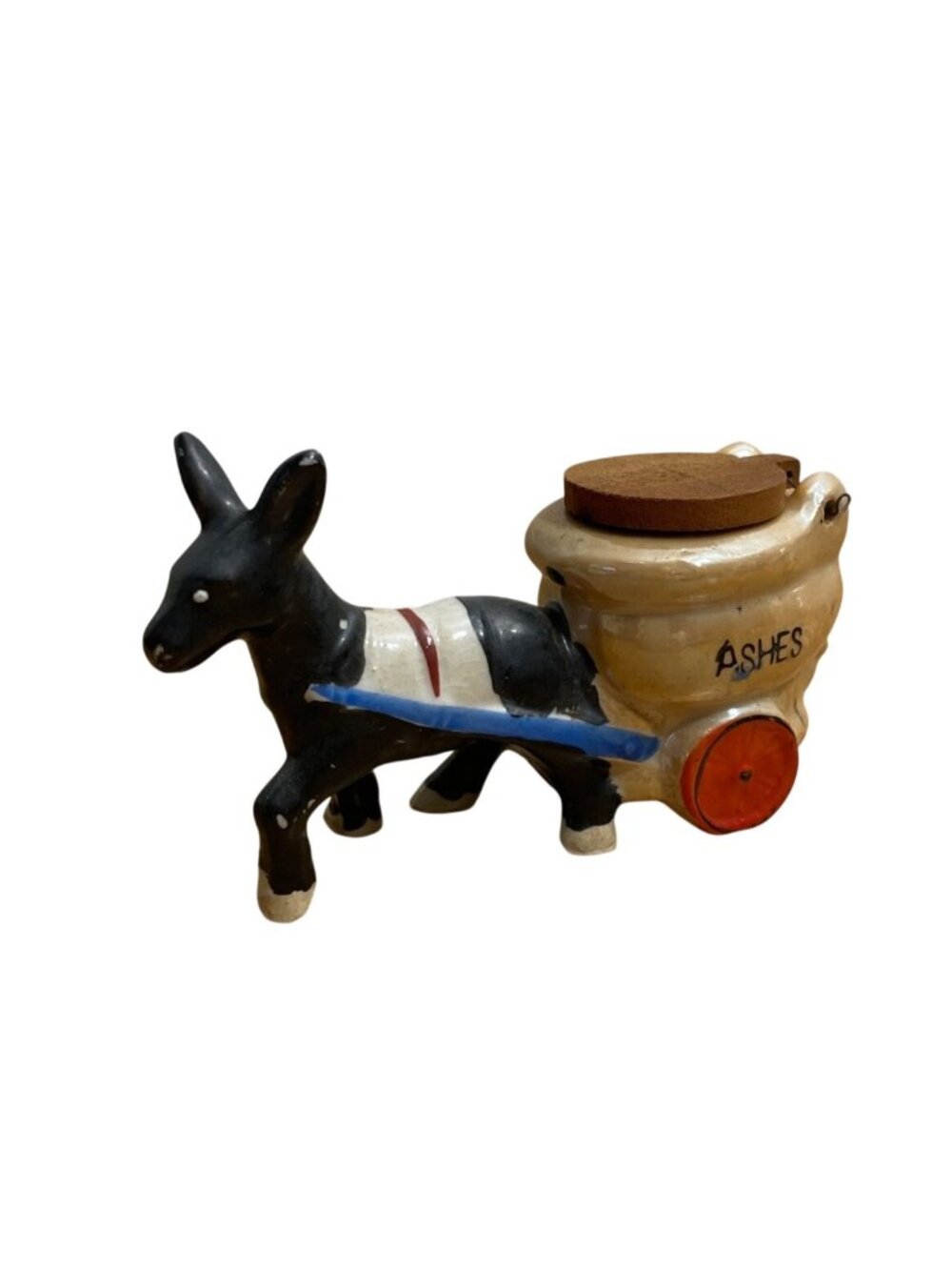 Vtg Ceramic Donkey Toilet Cart Ash Holder Wooden Lid Hand-Painted Mid-Century